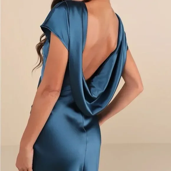 Lulus Captivating Presence Dark Teal Satin Cowl Back Maxi Dress Size Small NEW - Picture 6 of 12